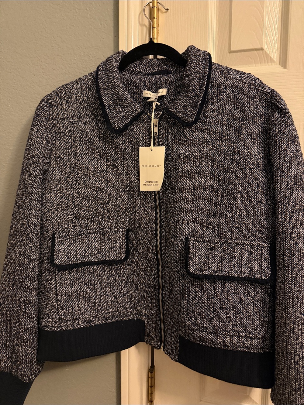 Pleated Tweed Bomber Jacket - Navy/White